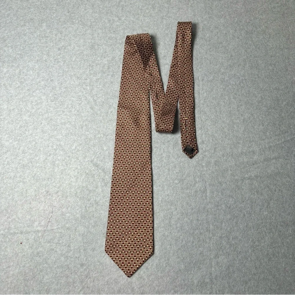Burnham Ltd Silk Tie Burgundy Gold Geometric Pattern Men's Necktie